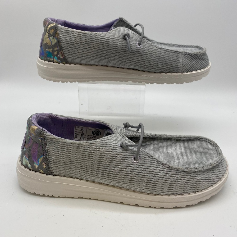 Hey Dude Wendy Corduroy Leo Shoes Women 7 Grey Metallic Leopard Moccasin Loafers